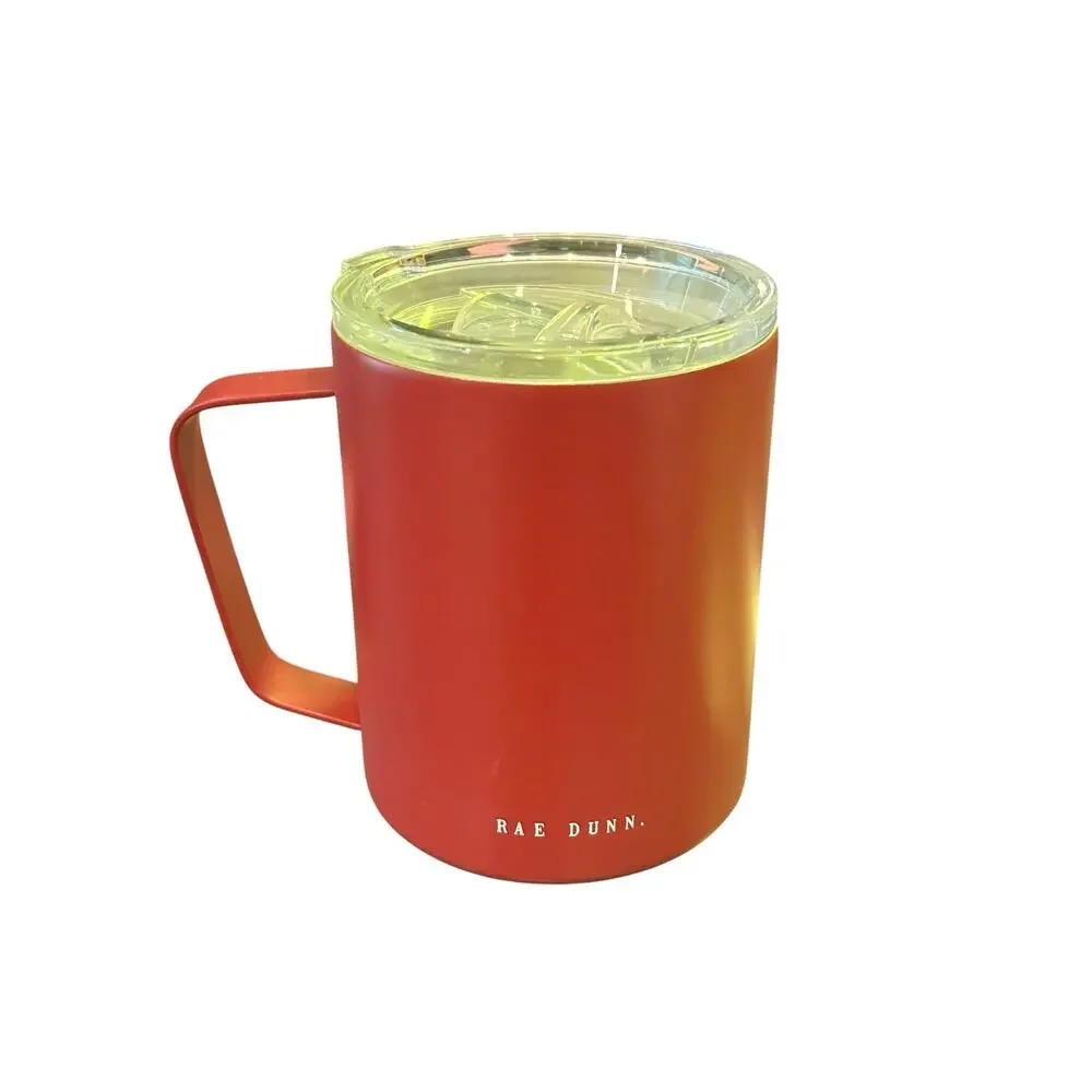 Rae Dunn Stainless Steel Travel Mug Coffee Cup Handle Lid Rust Red 